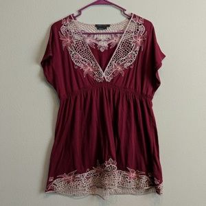 BCBG Maxazria Maroon Embroidered Top